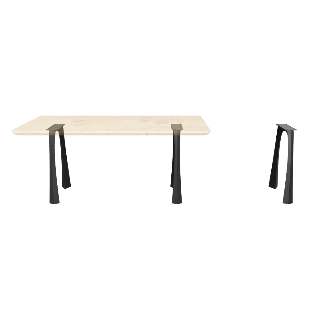 Black Metal Table Base 419 Nura 28" H – Scandinavian minimalist table base set (2 pieces) handcrafted from heavy-duty powder-coated steel in matte black. These sleek metal dining bases provide an ultra-sturdy foundation (1,000 lbs capacity; 21.7"L x 4"W). A premium DIY steel table base engineered with precision-drilled 13.8" x 4.3" mounting plates to securely support a heavy live-edge tabletop, marble slab, or wood dining top.
