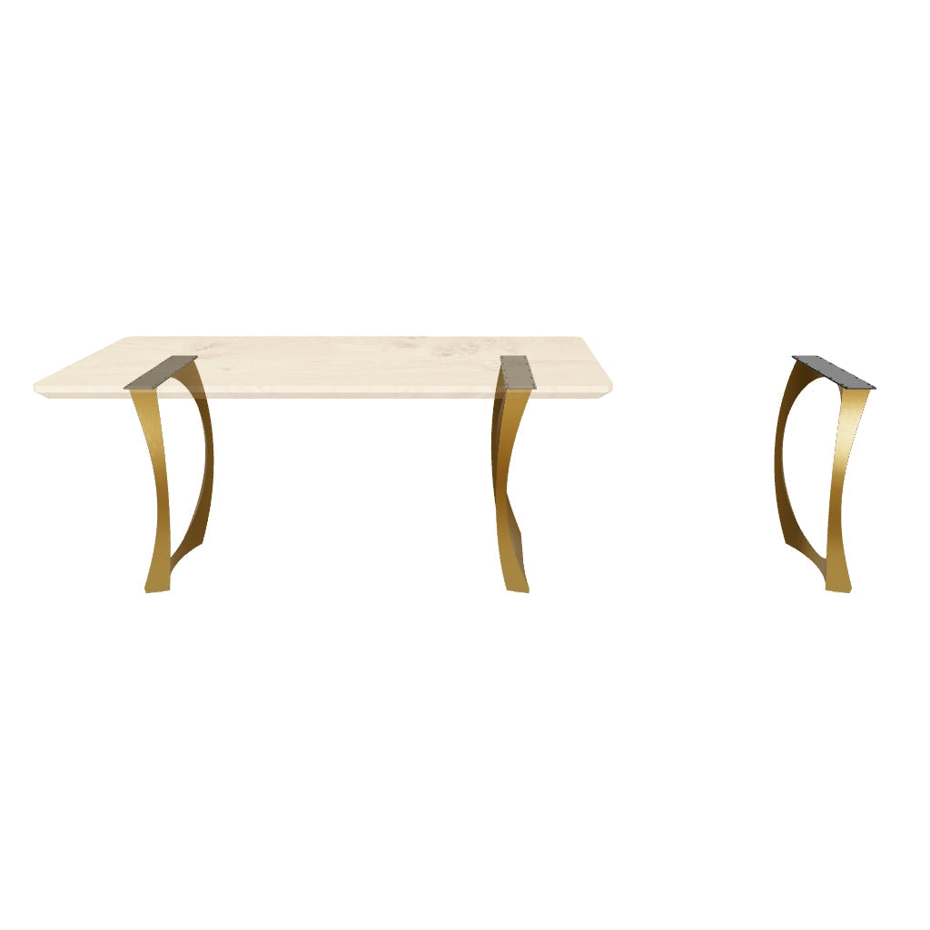 Brushed Gold Metal Table Base 442 Cleo 28.2" H – Mid-Century modern pedestal base set (2 pieces) handcrafted from heavy-duty stainless steel with a premium brushed gold finish. These sculptural gold dining bases provide an ultra-sturdy foundation (1,000 lbs capacity; 21.7"L x 3"W). A high-end DIY steel table base engineered with an expansive, precision-drilled 25.5" x 4.3" mounting plate to securely support a heavy live-edge tabletop, marble slab, or wood dining top.