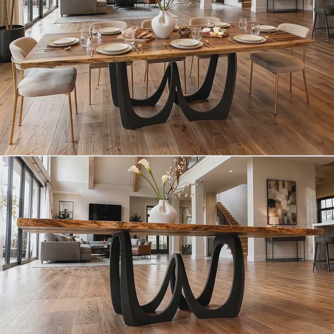 Black Metal Table Base 332 Atlas 28" H – Sculptural pedestal base featuring a dynamic, twisted spiral design handcrafted from heavy-duty powder-coated steel in matte black. This artisanal metal dining base provides an ultra-sturdy foundation (1,000 lbs capacity; 40"L x 20"W). A premium DIY steel table base engineered with a precision-drilled mounting plate to securely support a heavy live-edge tabletop, marble slab, or wood dining top.