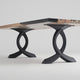 Side view of bench showing the elegant cruved design of the 108B Curva 16H metal bench legs beneath the wooden slab.