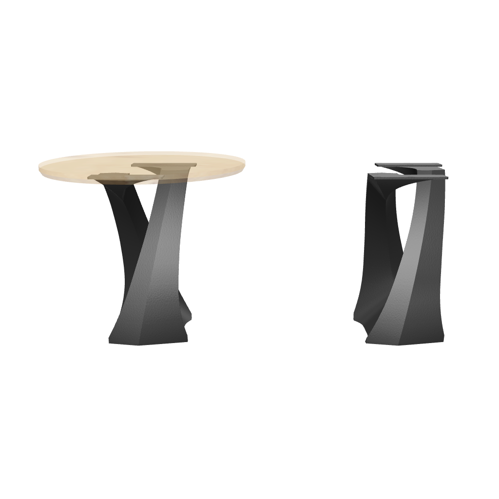 3D render of 610B Tulipe 34" H sculptural counter table base metal with curved design and wood tabletop, ideal for modern kitchen counters.