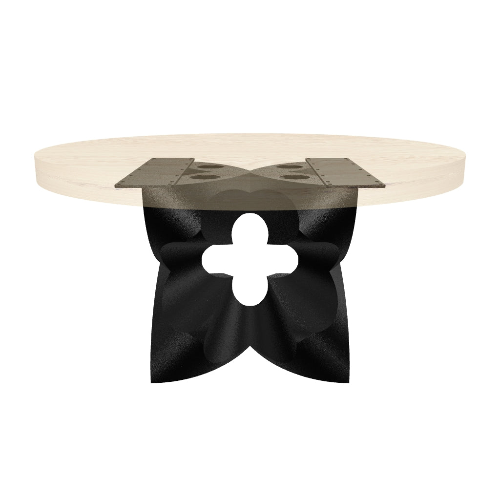 Black Coffee Table Base 134 Chloris Petal 16" H – botanical flower-inspired pedestal base handcrafted from heavy-duty powder-coated steel in matte black. This sculptural metal base features a compact petal silhouette and a sturdy foundation (500 lbs capacity; 16"x16"x16"), specifically engineered to support a heavy live-edge tabletop, round wood top, or marble slab. A premium DIY steel table base that brings an organic, modern statement to luxury living rooms and sunrooms.