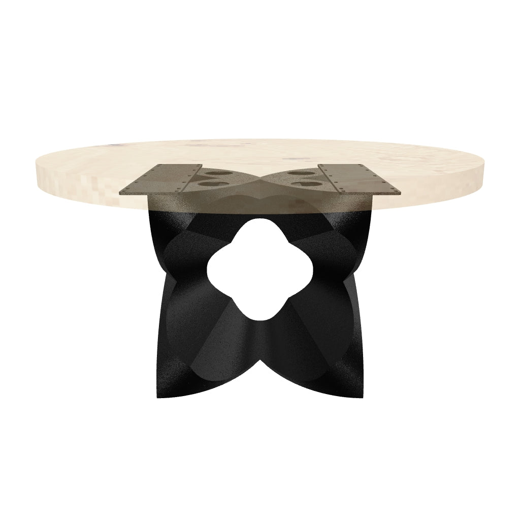 Black Coffee Table Base 134 Chloris Petal 16" H – botanical flower-inspired pedestal base handcrafted from heavy-duty powder-coated steel in matte black. This sculptural metal base features a compact petal silhouette and a sturdy foundation (500 lbs capacity; 16"x16"x16"), specifically engineered to support a heavy live-edge tabletop, round wood top, or marble slab. A premium DIY steel table base that brings an organic, modern statement to luxury living rooms and sunrooms.