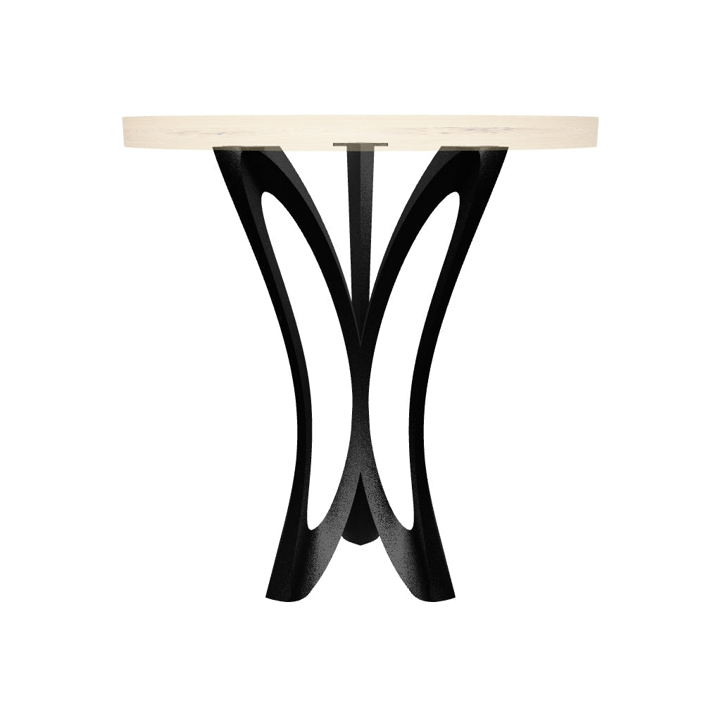 Counter Table Base 629 Monarch 36" H – sculptural parabolic pedestal base handcrafted from heavy-duty powder-coated steel in matte black. This high-capacity metal base (1,000 lbs) features a unique flared hourglass silhouette and a sturdy foundation, specifically engineered to support a heavy live-edge tabletop, stone slab, or kitchen island counter. A premium DIY steel table base and counter-height furniture foundation that brings a bold look to custom breakfast bars and modern commercial cafe spaces.