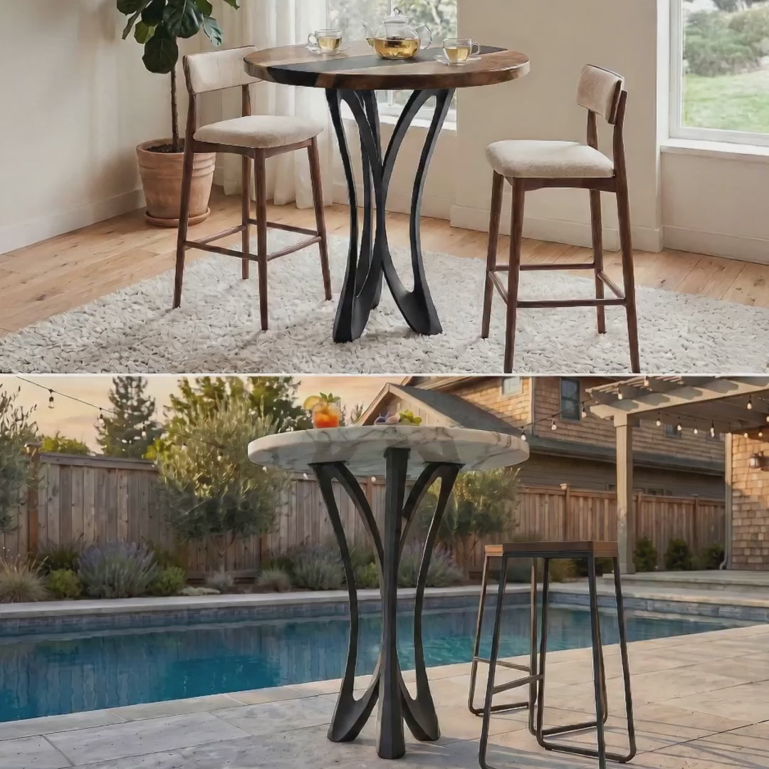 Counter Table Base 629 Monarch 36" H – sculptural parabolic pedestal base handcrafted from heavy-duty powder-coated steel in matte black. This high-capacity metal base (1,000 lbs) features a unique flared hourglass silhouette and a sturdy foundation, specifically engineered to support a heavy live-edge tabletop, stone slab, or kitchen island counter. A premium DIY steel table base and counter-height furniture foundation that brings a bold look to custom breakfast bars and modern commercial cafe spaces.