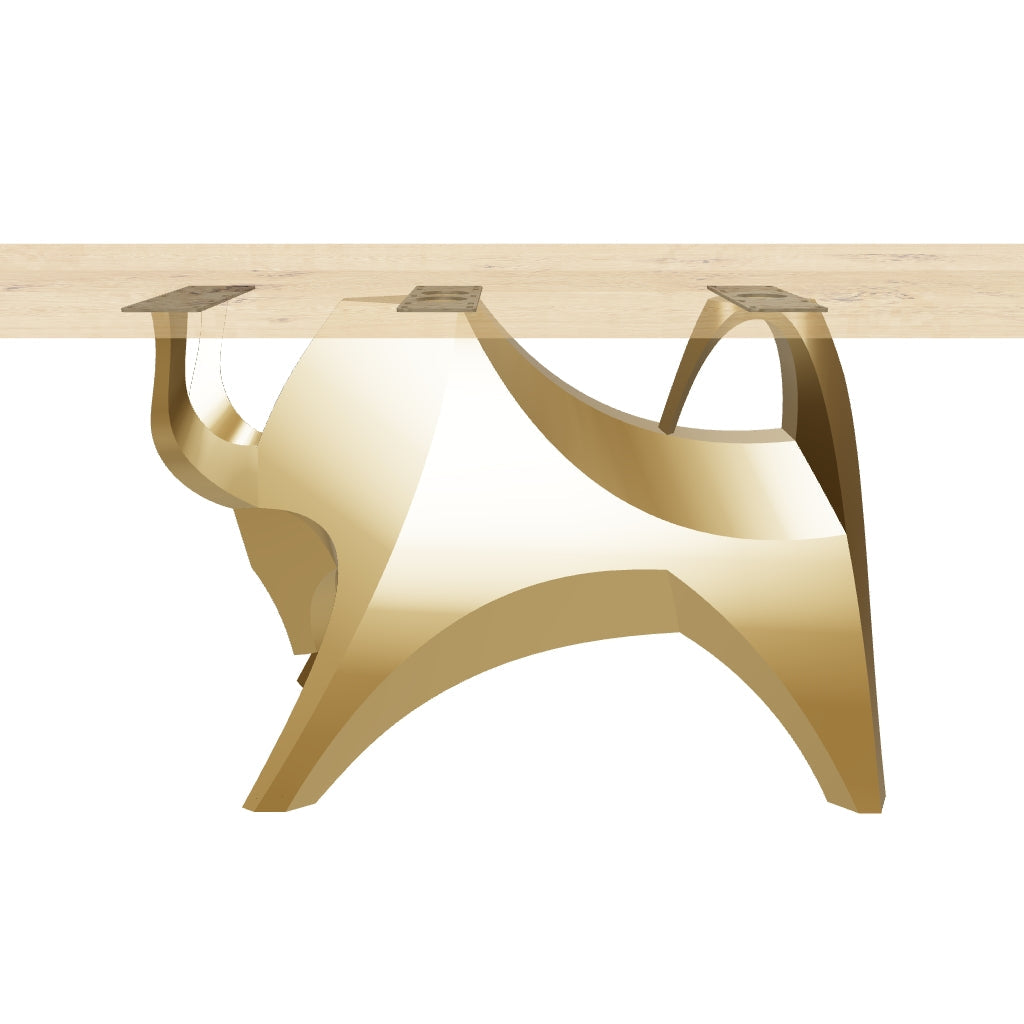 Gold Table Base 803 Bullos 28.5" H – luxury bull-inspired pedestal base handcrafted from stainless steel with a brushed gold finish. This sculptural metal base features powerful muscular curves and a wide sturdy foundation (1,000 lbs capacity), ideal for large custom dining tables or executive boardrooms. A premium DIY furniture base and heavy-duty steel table base designed for marble, glass, or wood tops in high-end modern interiors.