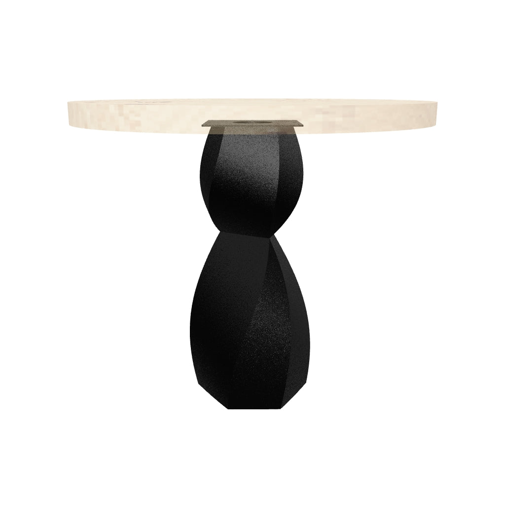 Metal Table Base 338 Eve 28.5" H – graceful and soft pedestal base handcrafted from heavy-duty powder-coated steel in matte black. This sculptural metal base features a compact, flowing curve design and a sturdy foundation (1,000 lbs capacity), specifically engineered to support a heavy live-edge tabletop, round wood top, or marble slab. A premium DIY steel table base and modern furniture foundation that brings a clean look and steady support to custom dining tables and cozy breakfast nooks.