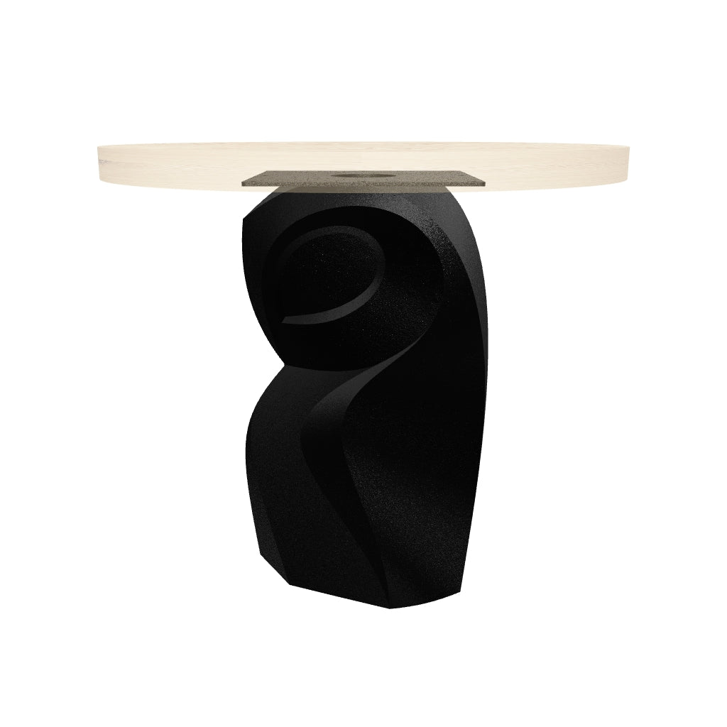 Metal Table Base 801 Owra 28.5" H – heavy-duty pedestal base featuring a sculptural owl-inspired silhouette in matte black powder-coated steel. This high-capacity metal base (1,000 lbs) provides a sturdy foundation specifically designed to support a heavy live-edge tabletop, thick marble slab, or glass top. A premium DIY steel table base and industrial furniture foundation that ensures steady support for custom dining room projects and professional commercial spaces.