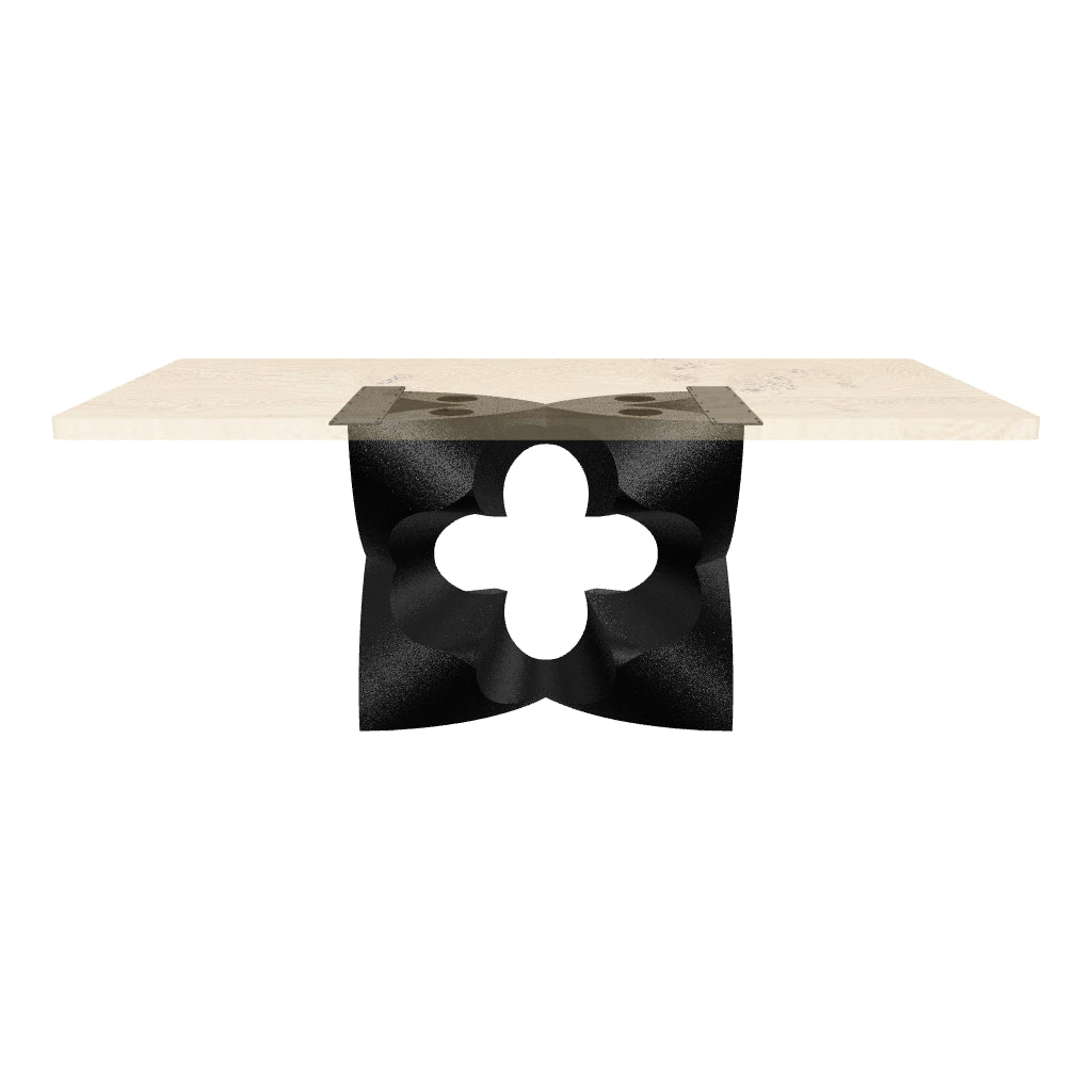 Metal Table Base 344 Chloris Petal 28.5" H – flower-inspired pedestal base handcrafted from heavy-duty powder-coated steel in matte black. This heavy-duty sculptural metal base features an elongated botanical petal silhouette and a sturdy foundation (1,000 lbs capacity; 34"L x 18"W). A premium DIY steel table base and modern furniture foundation specifically engineered to support a heavy live-edge tabletop, rectangular wood top, or marble slab in dining rooms.