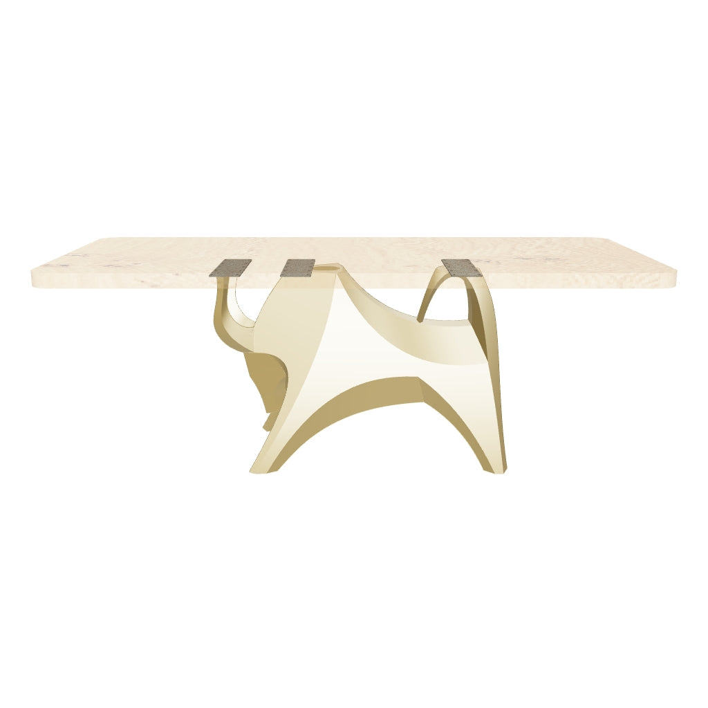Brushed Gold Metal Table Base 803 Bullos 28.5" H – Industrial-luxury sculptural pedestal table base featuring an iconic, animal-inspired silhouette handcrafted from heavy-duty brushed gold stainless steel. This artisanal dining table base provides an ultra-sturdy foundation (1,000 lbs capacity; 42"L x 20"W). A premium DIY gold steel table base engineered with a precision-drilled 15" x 4.2" mounting plate to securely support a heavy live-edge tabletop, marble slab, or wood dining top.