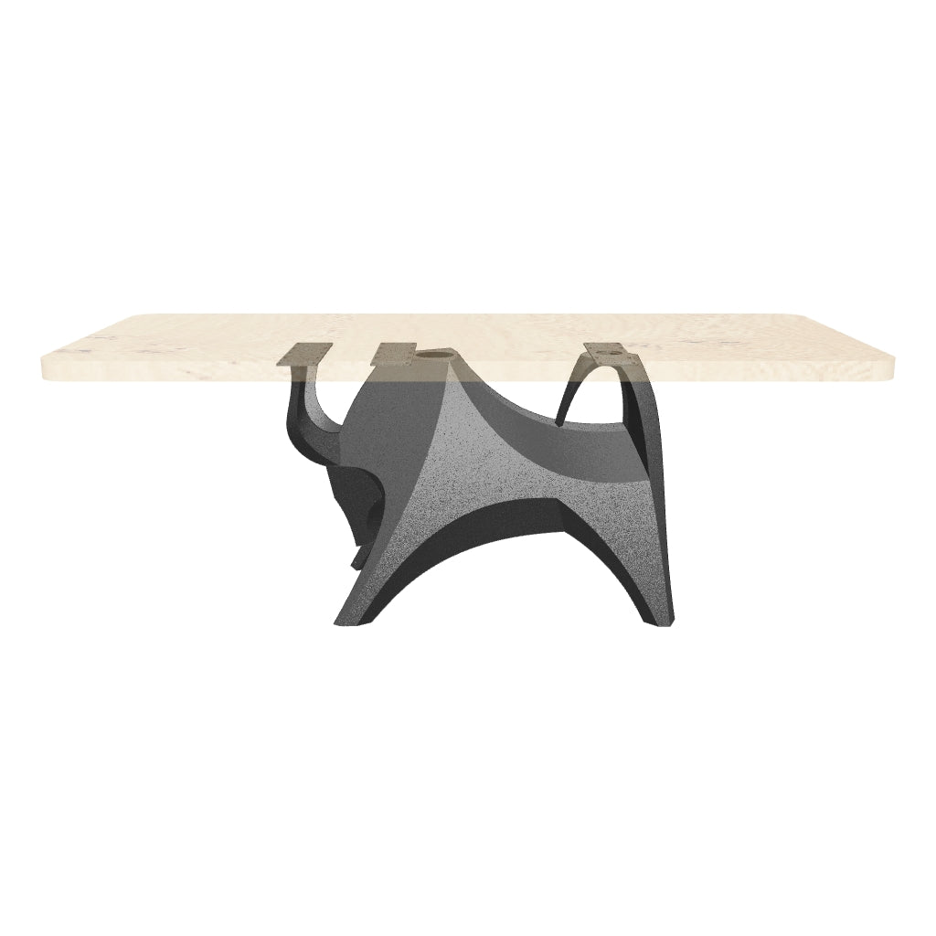 Black Metal Table Base Bullos 28.5" H – Industrial-minimalist sculptural pedestal table base featuring an iconic, animal-inspired silhouette handcrafted from heavy-duty powder-coated steel in matte black. This artisanal dining table base provides an ultra-sturdy foundation (1,000 lbs capacity; 42"L x 20"W). A premium DIY steel table base engineered with a precision-drilled 15" x 4.2" mounting plate to securely support a heavy live-edge tabletop, marble slab, or wood dining top.
