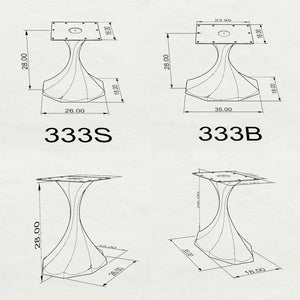 Black Metal Table Base 333 Lithe 28" H – Mid-Century modern pedestal base featuring a smooth, flowing silhouette handcrafted from heavy-duty powder-coated steel in matte black. This artisanal metal dining base features a unique hollow design for gravel-filling to maximize stability and an ultra-sturdy foundation (1,000 lbs capacity) available in 26"L (333S) or 35"L (333B) configurations. A premium DIY steel table base engineered with expansive pre-drilled mounting plates to securely support a heavy live-edg