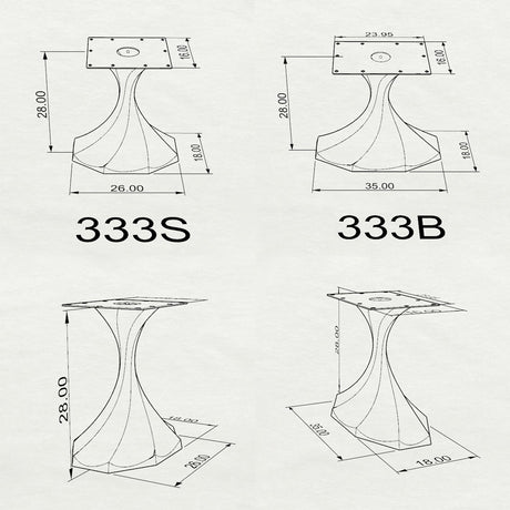 Black Metal Table Base 333 Lithe 28" H – Mid-Century modern pedestal base featuring a smooth, flowing silhouette handcrafted from heavy-duty powder-coated steel in matte black. This artisanal metal dining base features a unique hollow design for gravel-filling to maximize stability and an ultra-sturdy foundation (1,000 lbs capacity) available in 26"L (333S) or 35"L (333B) configurations. A premium DIY steel table base engineered with expansive pre-drilled mounting plates to securely support a heavy live-edg
