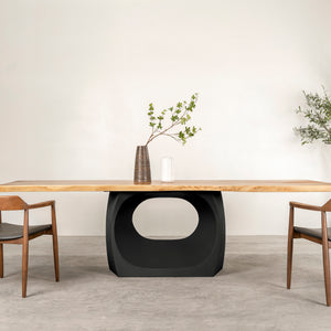 Alt Text:

Black Metal Table Base 308 Odila 28" H – contemporary geometric pedestal base handcrafted from heavy-duty steel in matte black. This minimalist metal dining base features a unique hollow design for gravel-filling to maximize stability and a sturdy foundation (1,000 lbs capacity; 39.4"L x 23.7"W). A premium DIY steel table base and modern furniture foundation engineered with a large pre-drilled mounting plate to support a heavy live-edge tabletop, marble slab, or wood dining top.