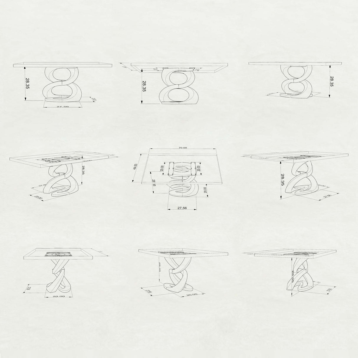 technical drawings of a table on a white background