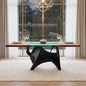 Metal Table Base 803 Bullos 28.5" H – bold bull-inspired pedestal base handcrafted from heavy-duty powder-coated steel in matte black. This sculptural metal base features powerful muscular curves and a wide sturdy foundation (1,000 lbs capacity), perfect for large custom dining tables, designer cafes, or boutique displays. A premium DIY furniture base and heavy-duty steel table base designed for marble, glass, or wood tops in industrial, minimalist, and Scandinavian interiors.