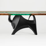 Metal Table Base 803 Bullos 28.5" H – bold bull-inspired pedestal base handcrafted from heavy-duty powder-coated steel in matte black. This sculptural metal base features powerful muscular curves and a wide sturdy foundation (1,000 lbs capacity), perfect for large custom dining tables, designer cafes, or boutique displays. A premium DIY furniture base and heavy-duty steel table base designed for marble, glass, or wood tops in industrial, minimalist, and Scandinavian interiors.