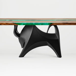 Metal Table Base 803 Bullos 28.5" H – bold bull-inspired pedestal base handcrafted from heavy-duty powder-coated steel in matte black. This sculptural metal base features powerful muscular curves and a wide sturdy foundation (1,000 lbs capacity), perfect for large custom dining tables, designer cafes, or boutique displays. A premium DIY furniture base and heavy-duty steel table base designed for marble, glass, or wood tops in industrial, minimalist, and Scandinavian interiors.
