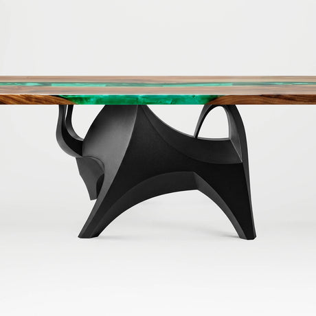 Metal Table Base 803 Bullos 28.5" H – bold bull-inspired pedestal base handcrafted from heavy-duty powder-coated steel in matte black. This sculptural metal base features powerful muscular curves and a wide sturdy foundation (1,000 lbs capacity), perfect for large custom dining tables, designer cafes, or boutique displays. A premium DIY furniture base and heavy-duty steel table base designed for marble, glass, or wood tops in industrial, minimalist, and Scandinavian interiors.