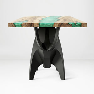Metal Table Base 803 Bullos 28.5" H – bold bull-inspired pedestal base handcrafted from heavy-duty powder-coated steel in matte black. This sculptural metal base features powerful muscular curves and a wide sturdy foundation (1,000 lbs capacity), perfect for large custom dining tables, designer cafes, or boutique displays. A premium DIY furniture base and heavy-duty steel table base designed for marble, glass, or wood tops in industrial, minimalist, and Scandinavian interiors.
