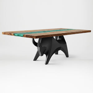 Metal Table Base 803 Bullos 28.5" H – bold bull-inspired pedestal base handcrafted from heavy-duty powder-coated steel in matte black. This sculptural metal base features powerful muscular curves and a wide sturdy foundation (1,000 lbs capacity), perfect for large custom dining tables, designer cafes, or boutique displays. A premium DIY furniture base and heavy-duty steel table base designed for marble, glass, or wood tops in industrial, minimalist, and Scandinavian interiors.