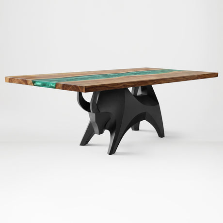 Metal Table Base 803 Bullos 28.5" H – bold bull-inspired pedestal base handcrafted from heavy-duty powder-coated steel in matte black. This sculptural metal base features powerful muscular curves and a wide sturdy foundation (1,000 lbs capacity), perfect for large custom dining tables, designer cafes, or boutique displays. A premium DIY furniture base and heavy-duty steel table base designed for marble, glass, or wood tops in industrial, minimalist, and Scandinavian interiors.