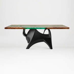 Metal Table Base 803 Bullos 28.5" H – bold bull-inspired pedestal base handcrafted from heavy-duty powder-coated steel in matte black. This sculptural metal base features powerful muscular curves and a wide sturdy foundation (1,000 lbs capacity), perfect for large custom dining tables, designer cafes, or boutique displays. A premium DIY furniture base and heavy-duty steel table base designed for marble, glass, or wood tops in industrial, minimalist, and Scandinavian interiors.