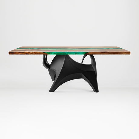 Metal Table Base 803 Bullos 28.5" H – bold bull-inspired pedestal base handcrafted from heavy-duty powder-coated steel in matte black. This sculptural metal base features powerful muscular curves and a wide sturdy foundation (1,000 lbs capacity), perfect for large custom dining tables, designer cafes, or boutique displays. A premium DIY furniture base and heavy-duty steel table base designed for marble, glass, or wood tops in industrial, minimalist, and Scandinavian interiors.