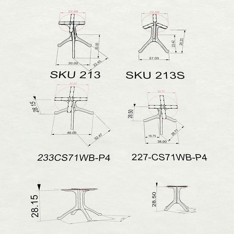 3D drawings of chair legs with dimensions and SKU