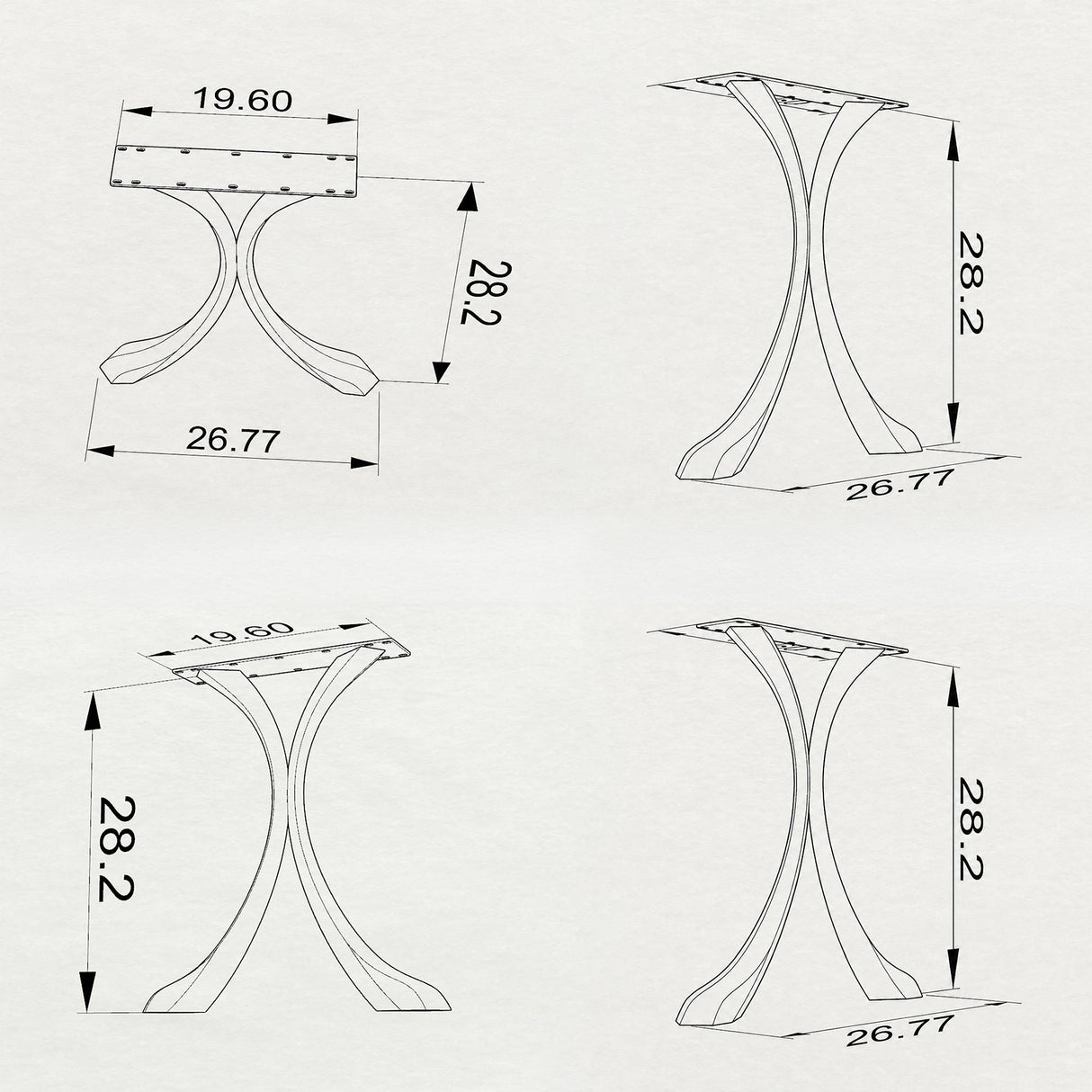 Black Metal Table Base 421 Xeni 28.2" H – Mid-Century modern table base set (2 pieces) handcrafted from heavy-duty powder-coated steel in matte black. These architectural metal dining bases provide an ultra-sturdy foundation (1,000 lbs capacity; 26.8"L x 3.7"W). A premium DIY steel table base engineered with precision-drilled 19.6" x 4.3" mounting plates to securely support a heavy live-edge tabletop, marble slab, or wood dining top.