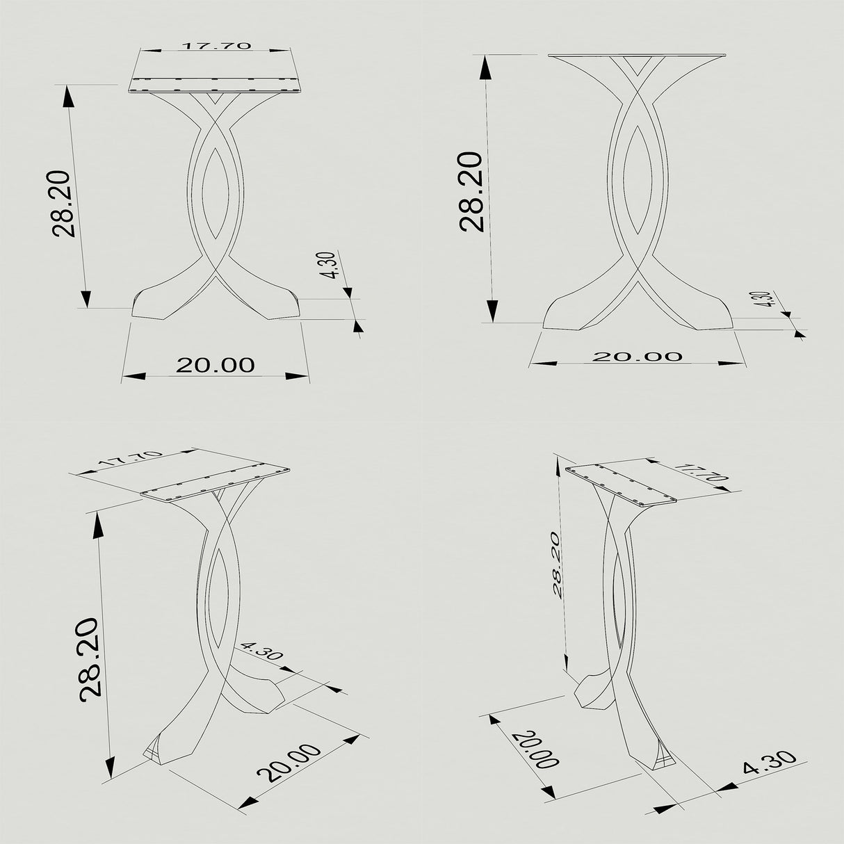 Black Metal Table Base 423 Curva 28.2" H – Mid-Century modern table base set (2 pieces) featuring an elegant, sculptural curved silhouette handcrafted from heavy-duty powder-coated steel in matte black. These architectural metal dining bases provide an ultra-sturdy foundation (1,000 lbs capacity; 20"L x 4.4"W). A premium DIY steel table base engineered with a precision-drilled 17.7" x 4.3" mounting plate to securely support a heavy live-edge tabletop, marble slab, or wood dining top.