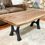 Haru 103 black bench legs paired with rustic wood slab bench indoor décor