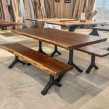 custom DIY bench using metal legs and  wood slab